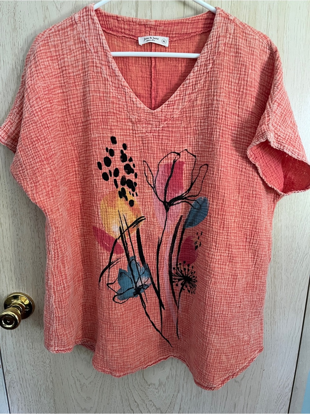 Jess & Jane Gauze Coral Short Sleeve Floral Blouse Sz XL